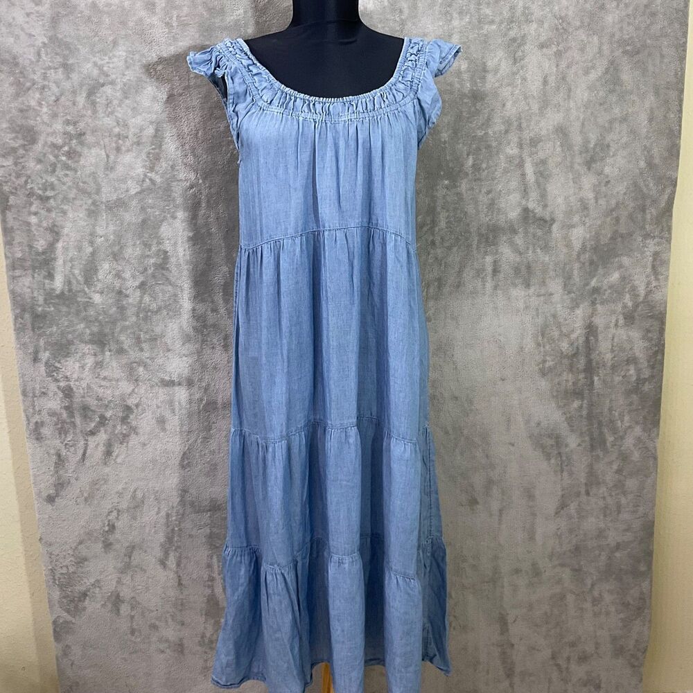 Loft Chambray Ruffle Dress women’s S tiered  Sleeveless Midi Boho Cottage Beach